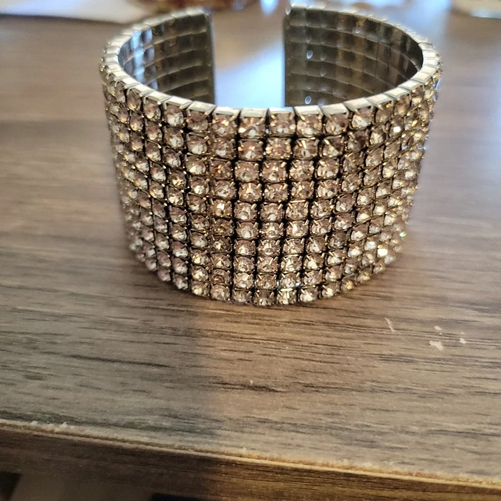 Vintage Clear Rhinestone 10 Row Wide Cuff Bracelet Silver Tone Statement Jewelry